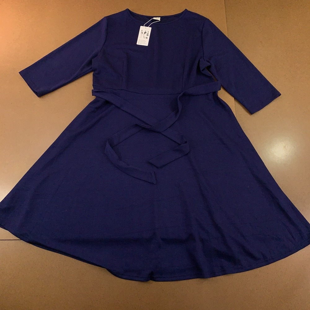 Rumia Womens Size 3XL Blue 3/4 Sleeve Belted Flare Skirt Midi Dress NWT